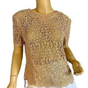 Chic Vintage Gold Talbot’s Size 12 Petite, Lace Crochet Back Button-down Top